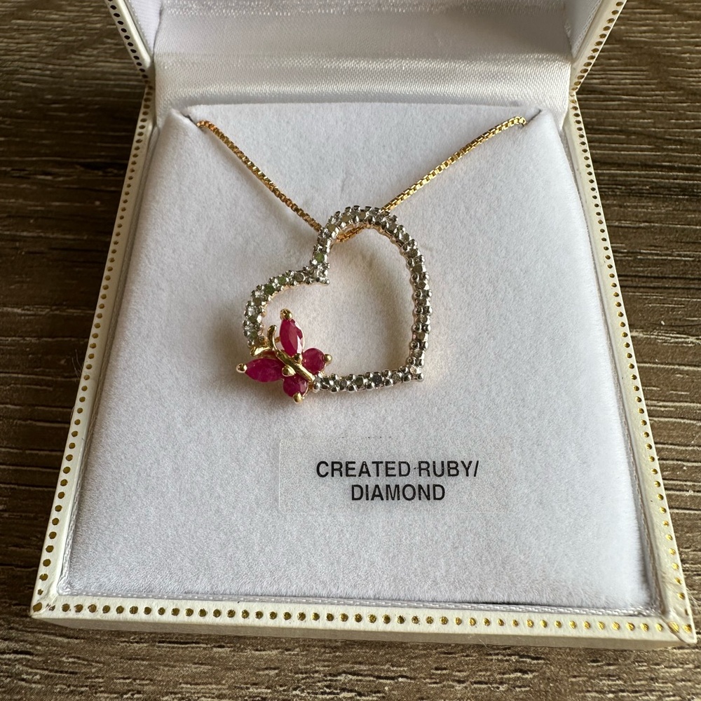 Created Ruby and Diamond Butterfly Heart Necklace Gold vermeil stamped 925